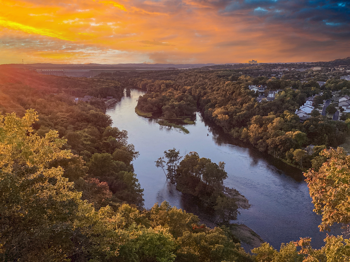 Spectacular Scenic Sunset view of Table Rock Lake, Table Rock Lake Dam and The White River in Branson at Southwest Missouri.